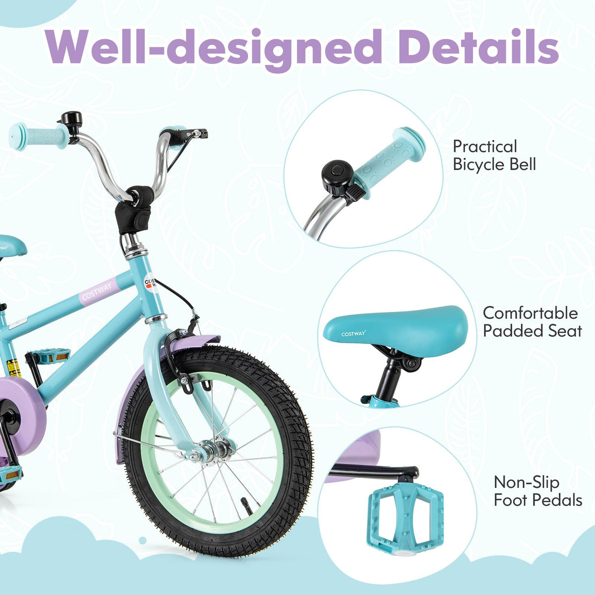 Kids Bike with Adjustable Handlebar and Saddle Purple-14 Inches view 8