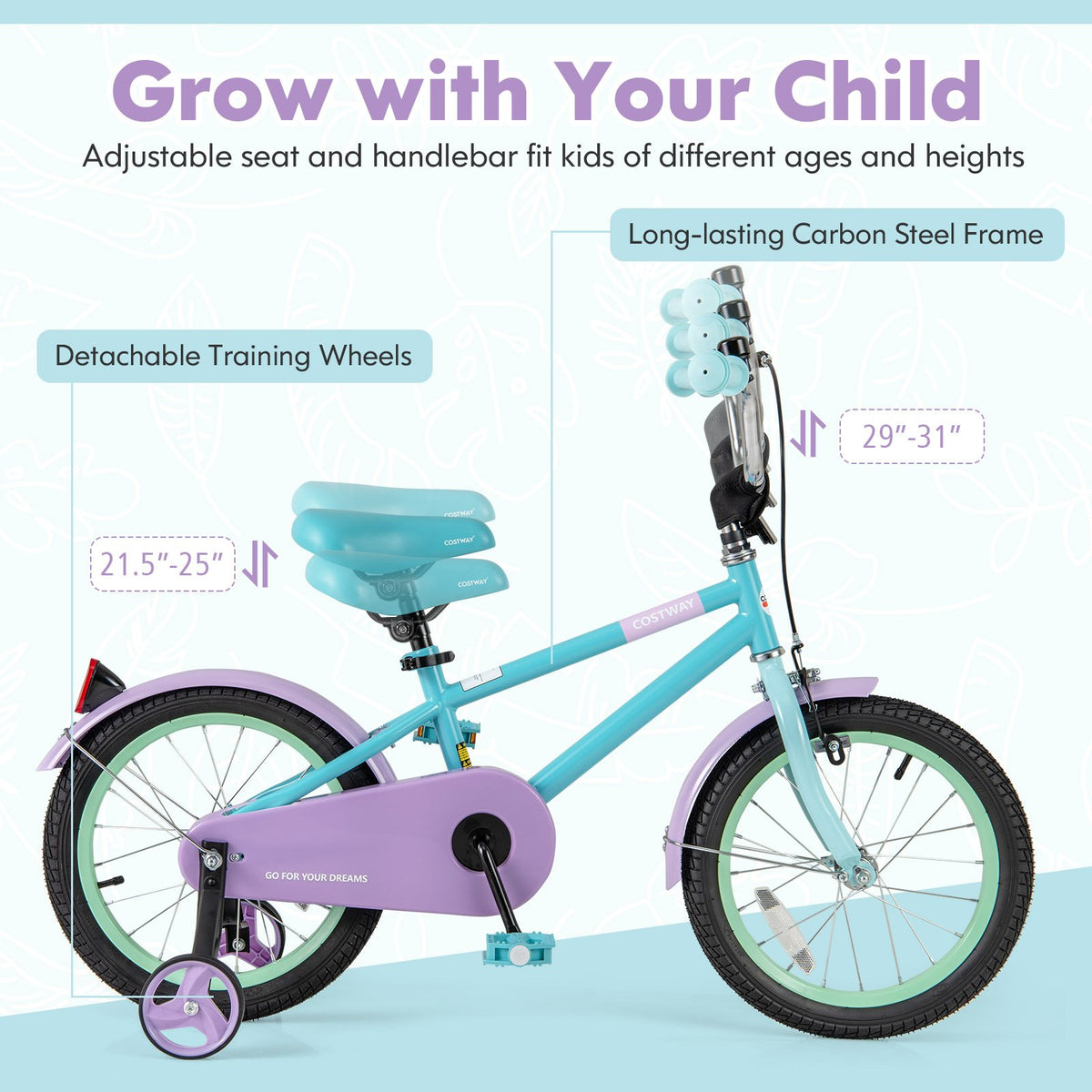 Kids Bike with Adjustable Handlebar and Saddle Purple-16 Inches view 5