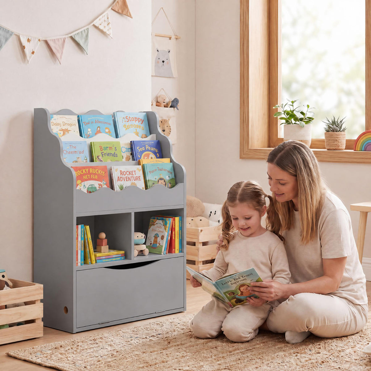 Kids Bookcase with 3-Tier Sling Bookshelf with Shelves Open Cubes and Flip Down Cabinet-Gray view 2