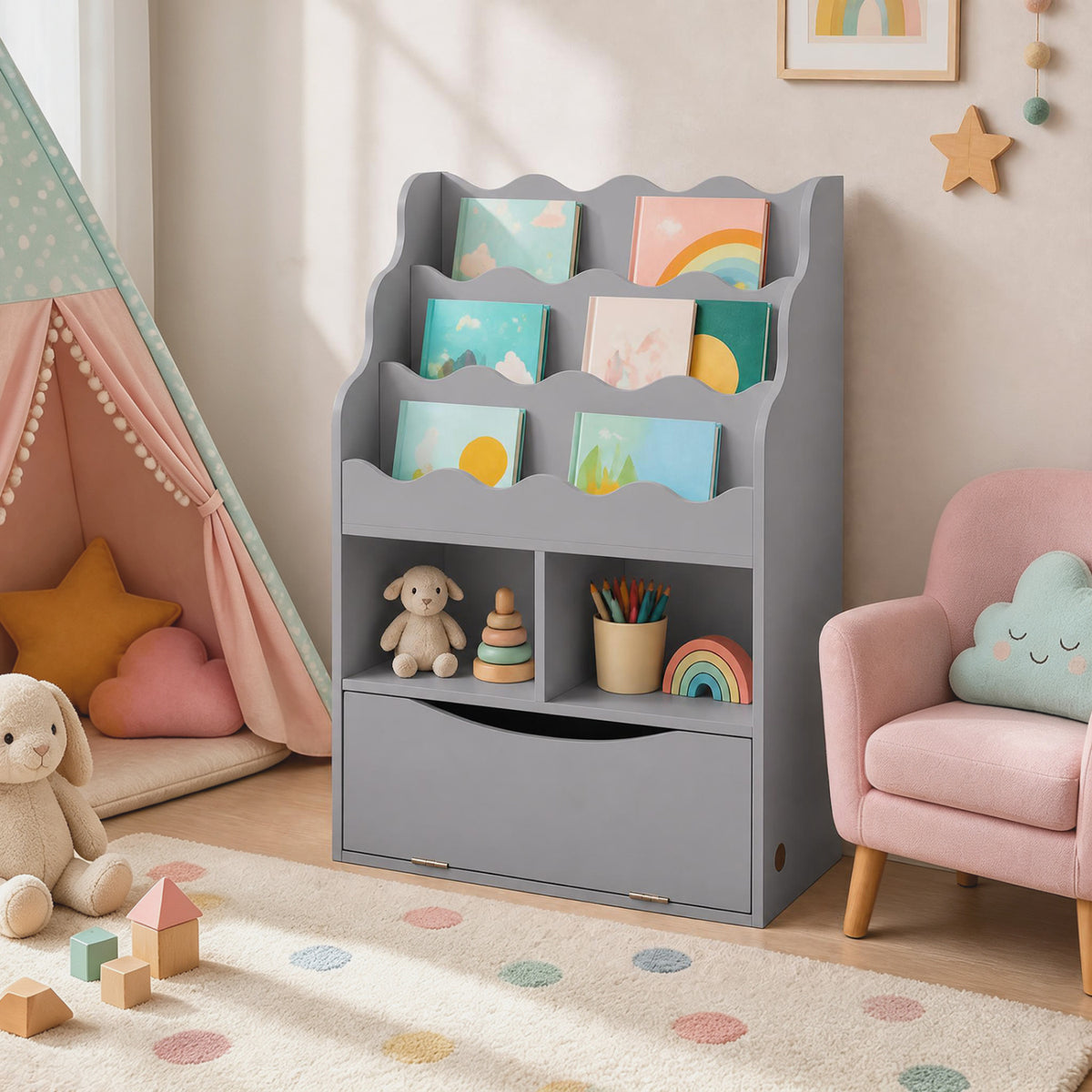 Kids Bookcase with 3-Tier Sling Bookshelf with Shelves Open Cubes and Flip Down Cabinet-Gray view 3
