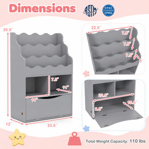 Kids Bookcase with 3-Tier Sling Bookshelf with Shelves Open Cubes and Flip Down Cabinet-Gray view 5