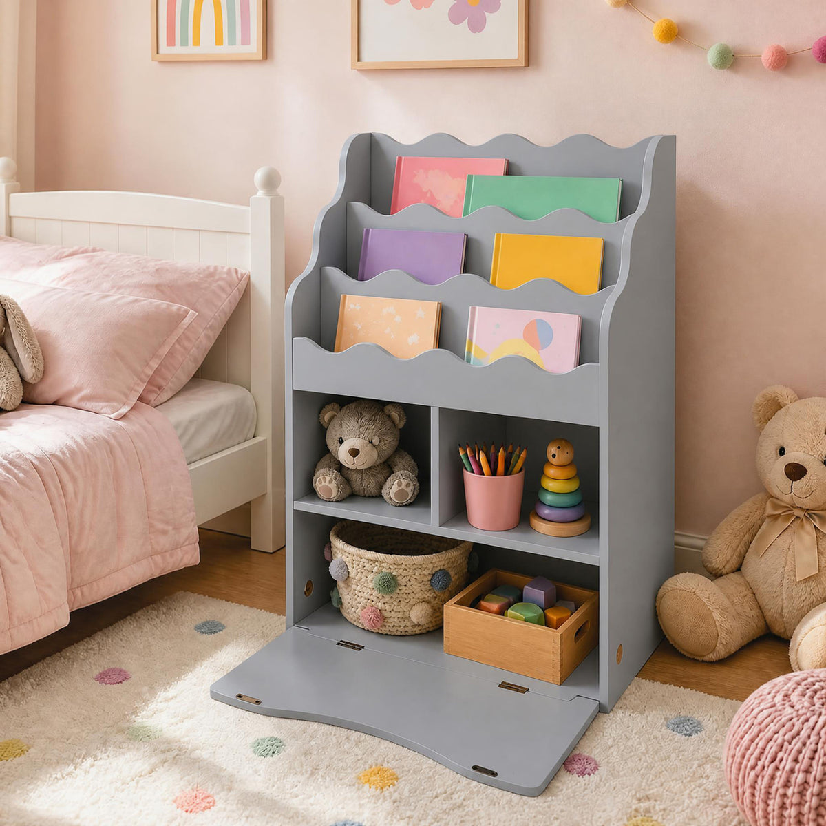 Kids Bookcase with 3-Tier Sling Bookshelf with Shelves Open Cubes and Flip Down Cabinet-Gray view 6