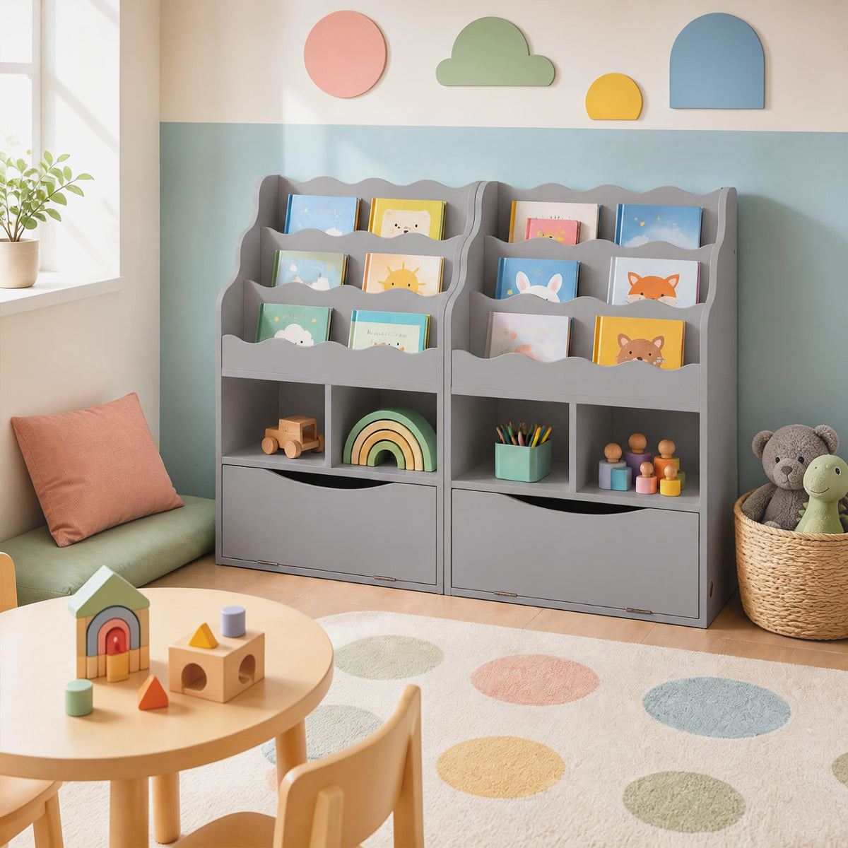 Kids Bookcase with 3-Tier Sling Bookshelf with Shelves Open Cubes and Flip Down Cabinet-Gray view 7