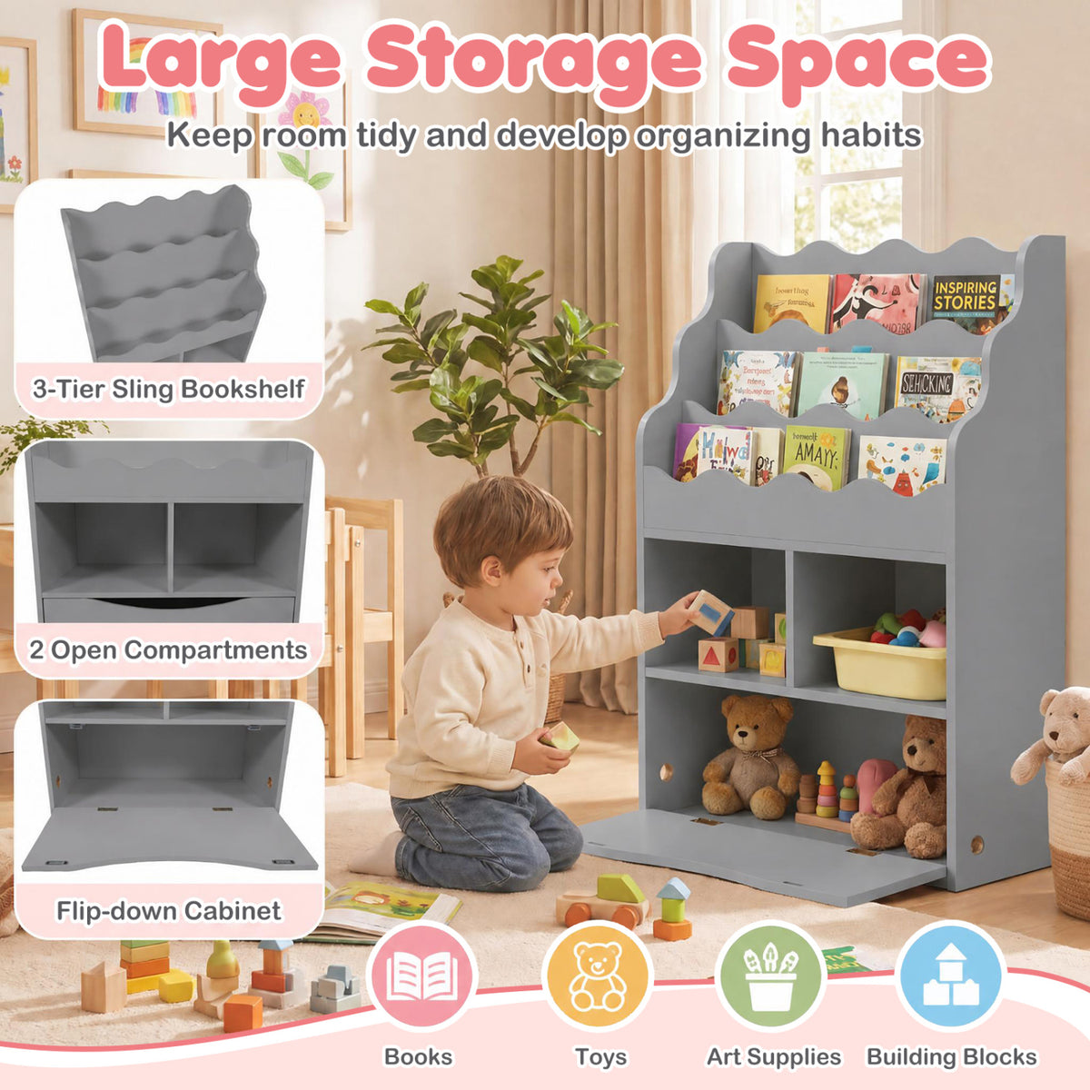 Kids Bookcase with 3-Tier Sling Bookshelf with Shelves Open Cubes and Flip Down Cabinet-Gray view 9