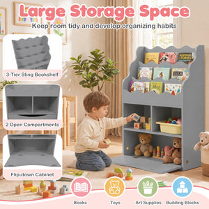 Kids Bookcase with 3-Tier Sling Bookshelf with Shelves Open Cubes and Flip Down Cabinet-Gray view 9