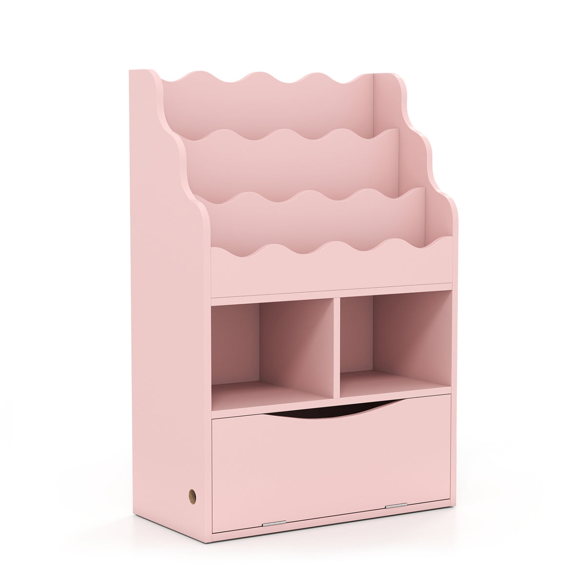 Kids Bookcase with 3-Tier Sling Bookshelf with Shelves Open Cubes and Flip Down Cabinet-Pink