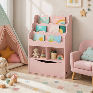 Kids Bookcase with 3-Tier Sling Bookshelf with Shelves Open Cubes and Flip Down Cabinet-Pink view 3