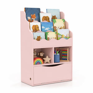 Kids Bookcase with 3-Tier Sling Bookshelf with Shelves Open Cubes and Flip Down Cabinet-Pink view 4