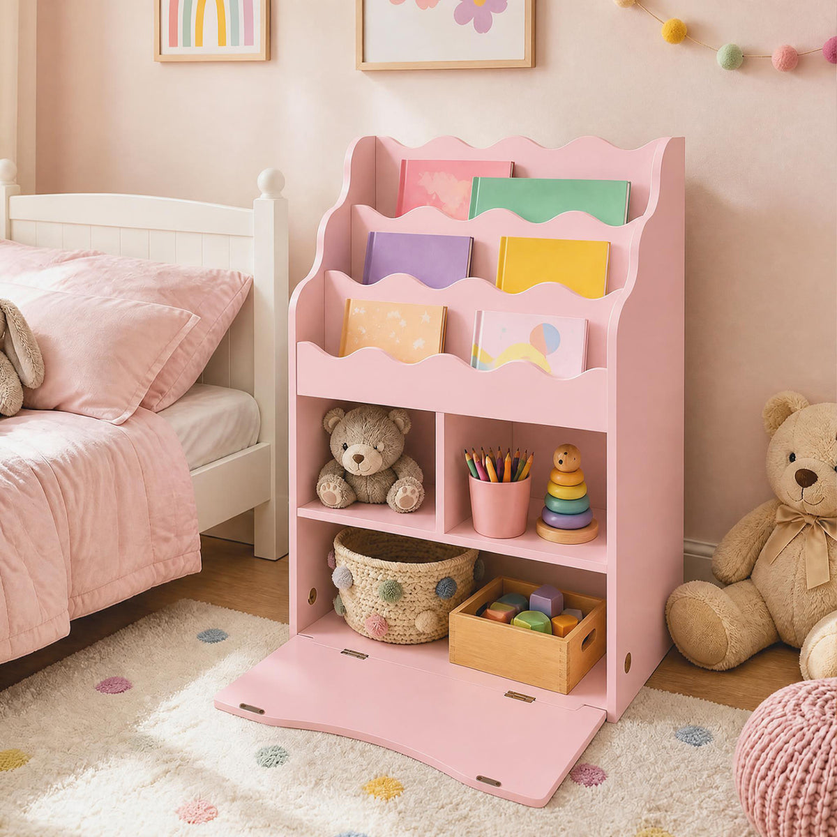 Kids Bookcase with 3-Tier Sling Bookshelf with Shelves Open Cubes and Flip Down Cabinet-Pink view 6