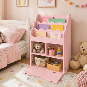 Kids Bookcase with 3-Tier Sling Bookshelf with Shelves Open Cubes and Flip Down Cabinet-Pink view 6