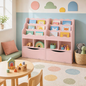 Kids Bookcase with 3-Tier Sling Bookshelf with Shelves Open Cubes and Flip Down Cabinet-Pink view 7