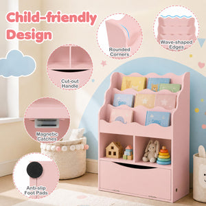 Kids Bookcase with 3-Tier Sling Bookshelf with Shelves Open Cubes and Flip Down Cabinet-Pink view 8