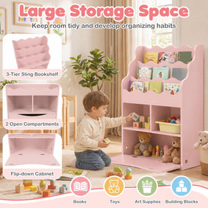 Kids Bookcase with 3-Tier Sling Bookshelf with Shelves Open Cubes and Flip Down Cabinet-Pink view 9