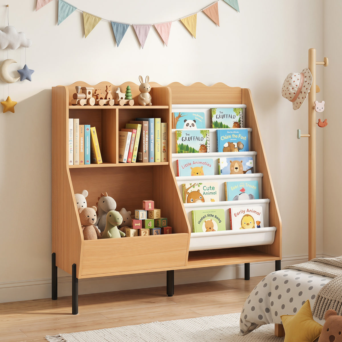 Kids Bookshelf and Toy Storage Organizer Wooden Bookcase with 5 Fabric Pockets-Natural view 2