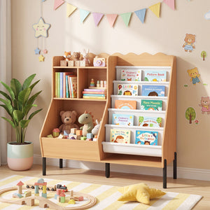 Kids Bookshelf and Toy Storage Organizer Wooden Bookcase with 5 Fabric Pockets-Natural view 3