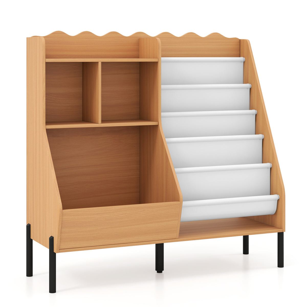 Kids Bookshelf and Toy Storage Organizer Wooden Bookcase with 5 Fabric Pockets-Natural view 4