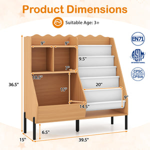 Kids Bookshelf and Toy Storage Organizer Wooden Bookcase with 5 Fabric Pockets-Natural view 5