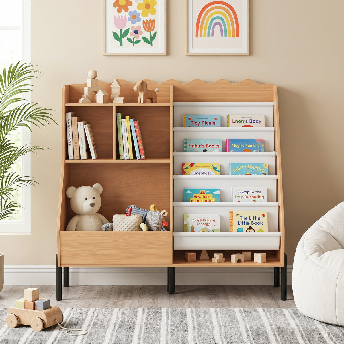 Kids Bookshelf and Toy Storage Organizer Wooden Bookcase with 5 Fabric Pockets-Natural view 6