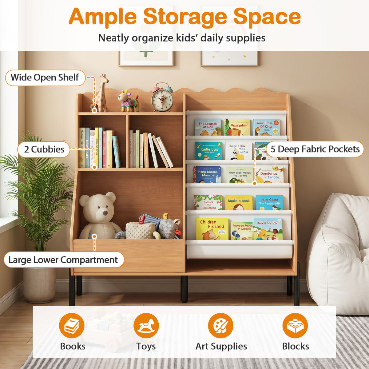 Kids Bookshelf and Toy Storage Organizer Wooden Bookcase with 5 Fabric Pockets-Natural view 7