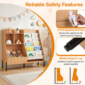 Kids Bookshelf and Toy Storage Organizer Wooden Bookcase with 5 Fabric Pockets-Natural view 8