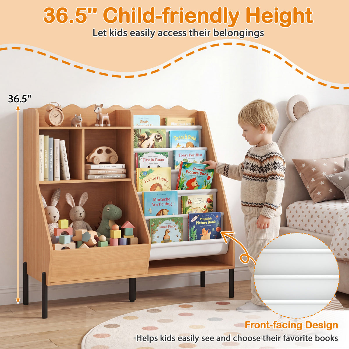 Kids Bookshelf and Toy Storage Organizer Wooden Bookcase with 5 Fabric Pockets-Natural view 9