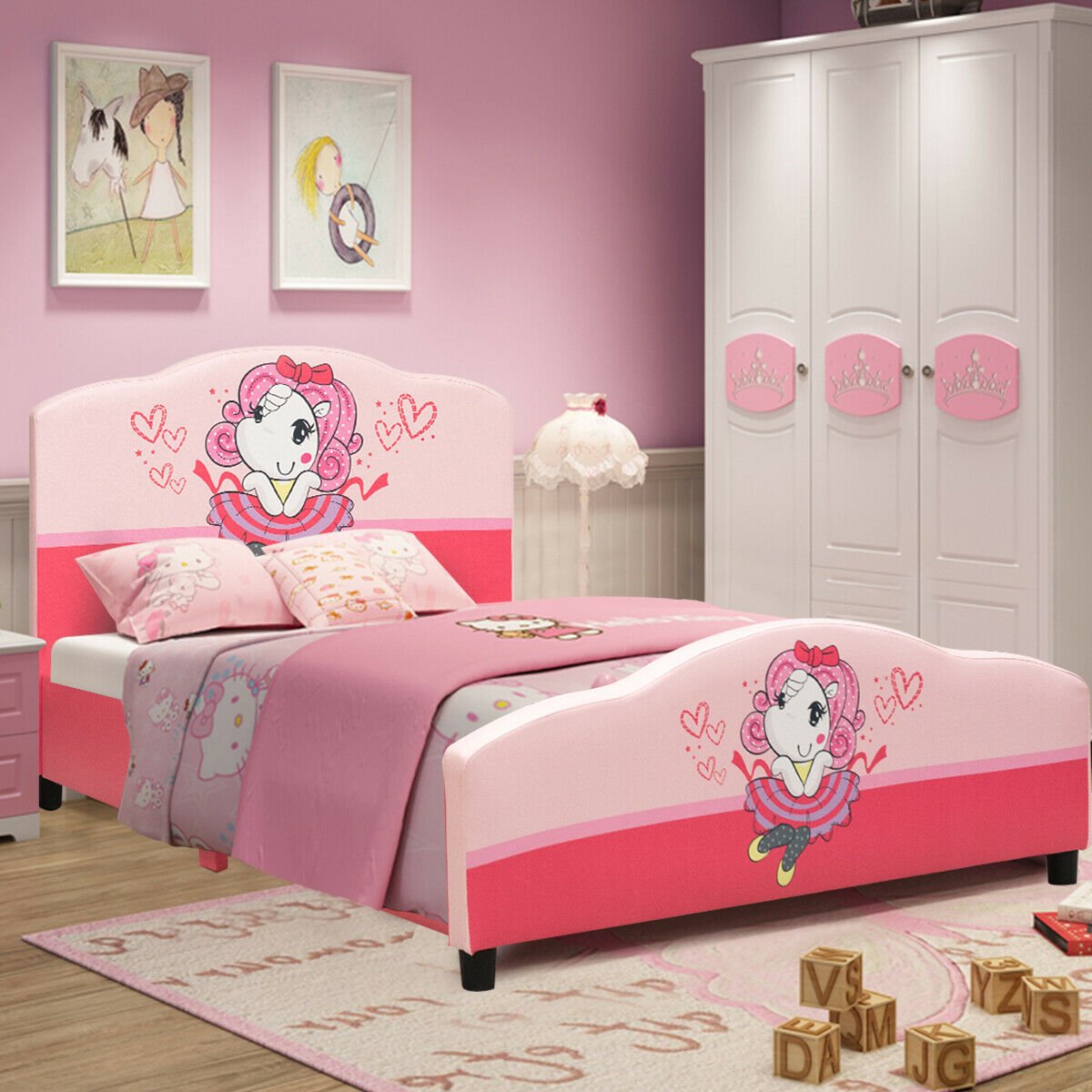 Kids Children Upholstered Platform Toddler Girl Pattern Bed view 2