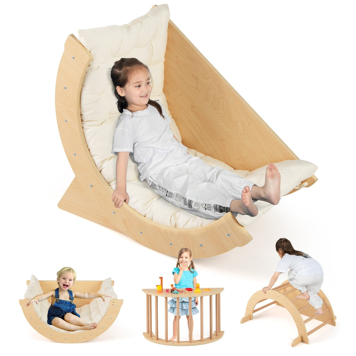 Kids Climbing Arch with Cushion Montessori Arch Climber/Rocker for Toddlers-Beige view 3