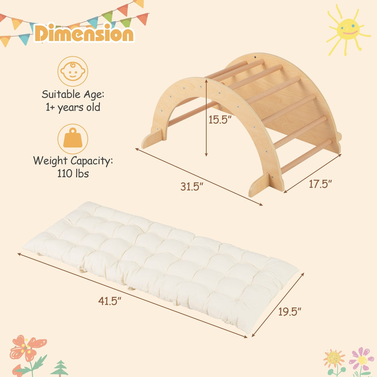 Kids Climbing Arch with Cushion Montessori Arch Climber/Rocker for Toddlers-Beige view 4