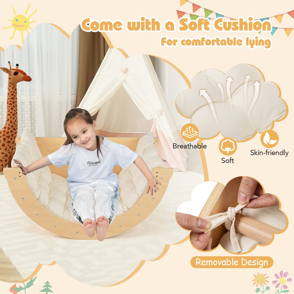 Kids Climbing Arch with Cushion Montessori Arch Climber/Rocker for Toddlers-Beige view 7