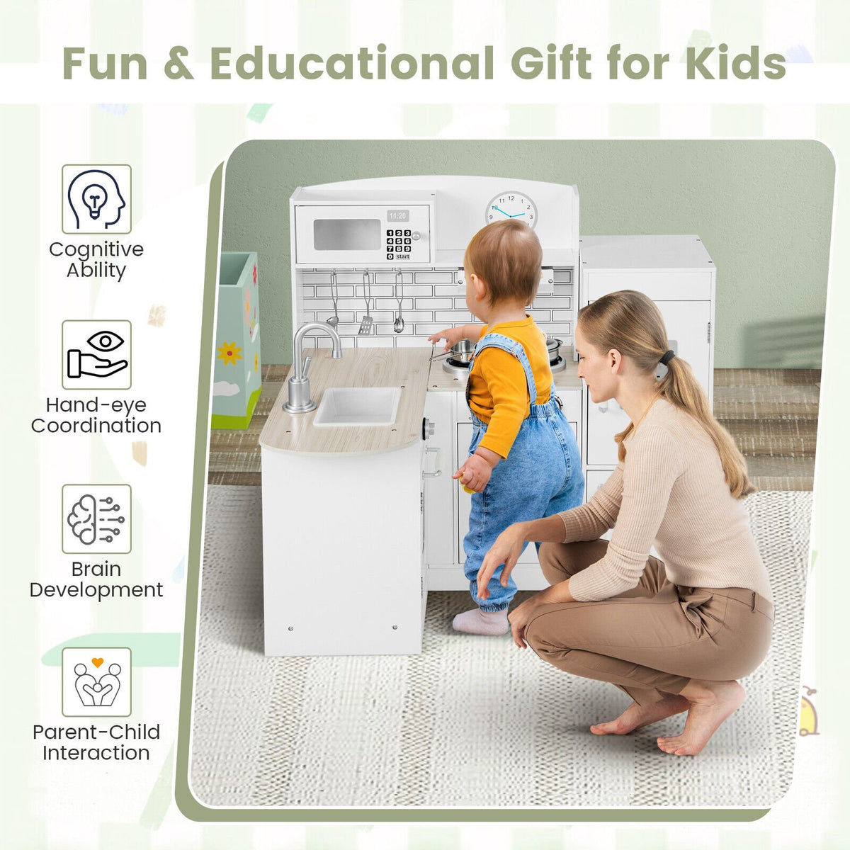 Kids Kitchen Playset Conor Kitchen Toy with Realistic Microwave and Oven Stove-Black & White view 6