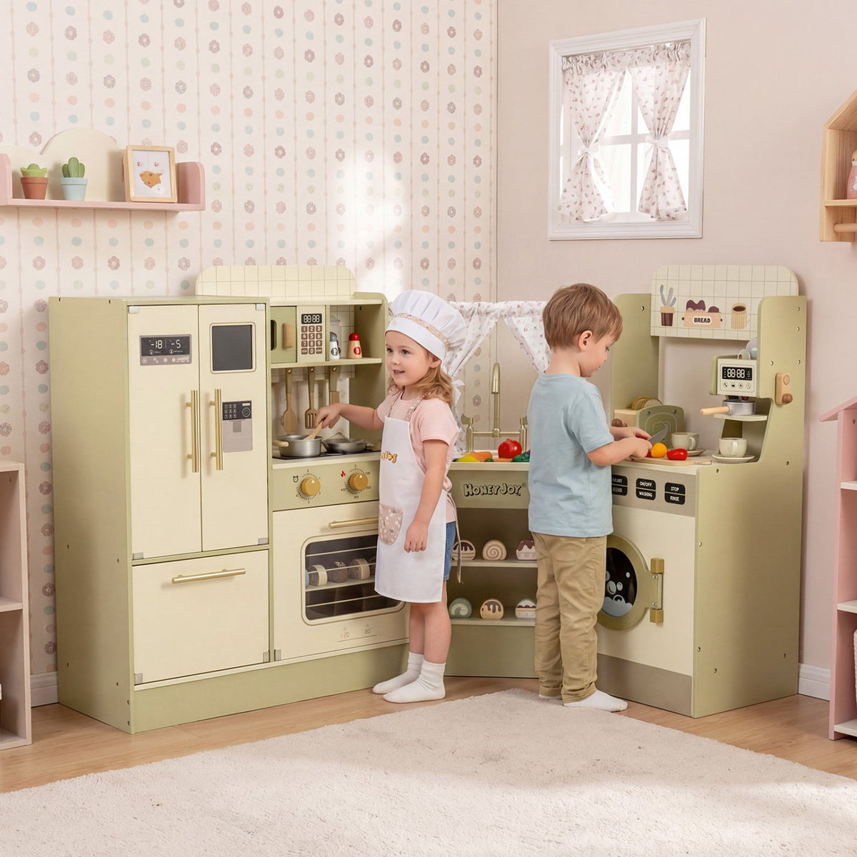 Kids Corner Play Kitchen with Faucet and Dishwasher and Stoves-Green view 3