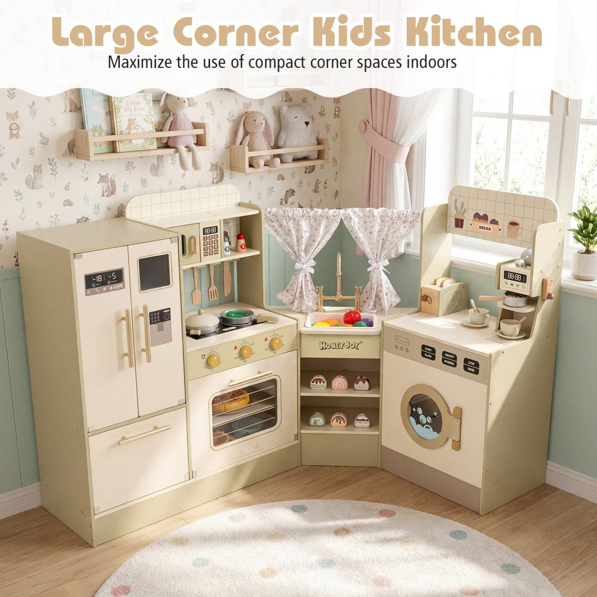 Kids Corner Play Kitchen with Faucet and Dishwasher and Stoves-Green view 6