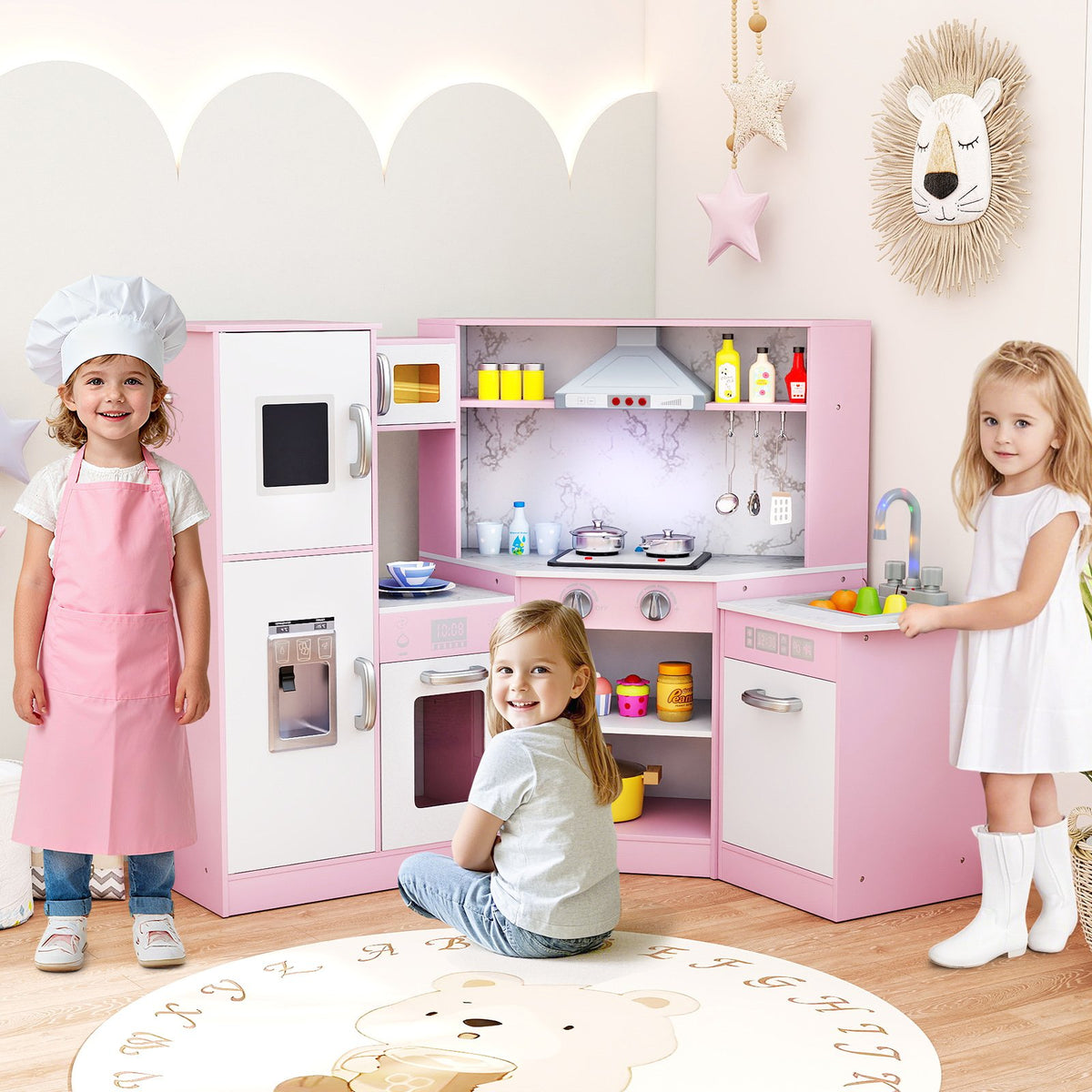 Kids Corner Pretend Kitchen Playset with Separated Washing Basin-Pink view 2
