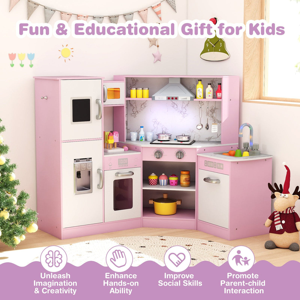 Kids Corner Pretend Kitchen Playset with Separated Washing Basin-Pink view 6