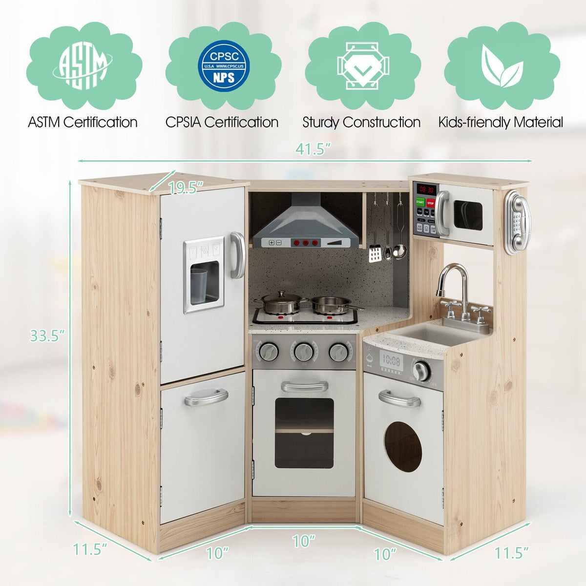 Kids Corner Wooden Kitchen Playset with Cookware Accessories view 4