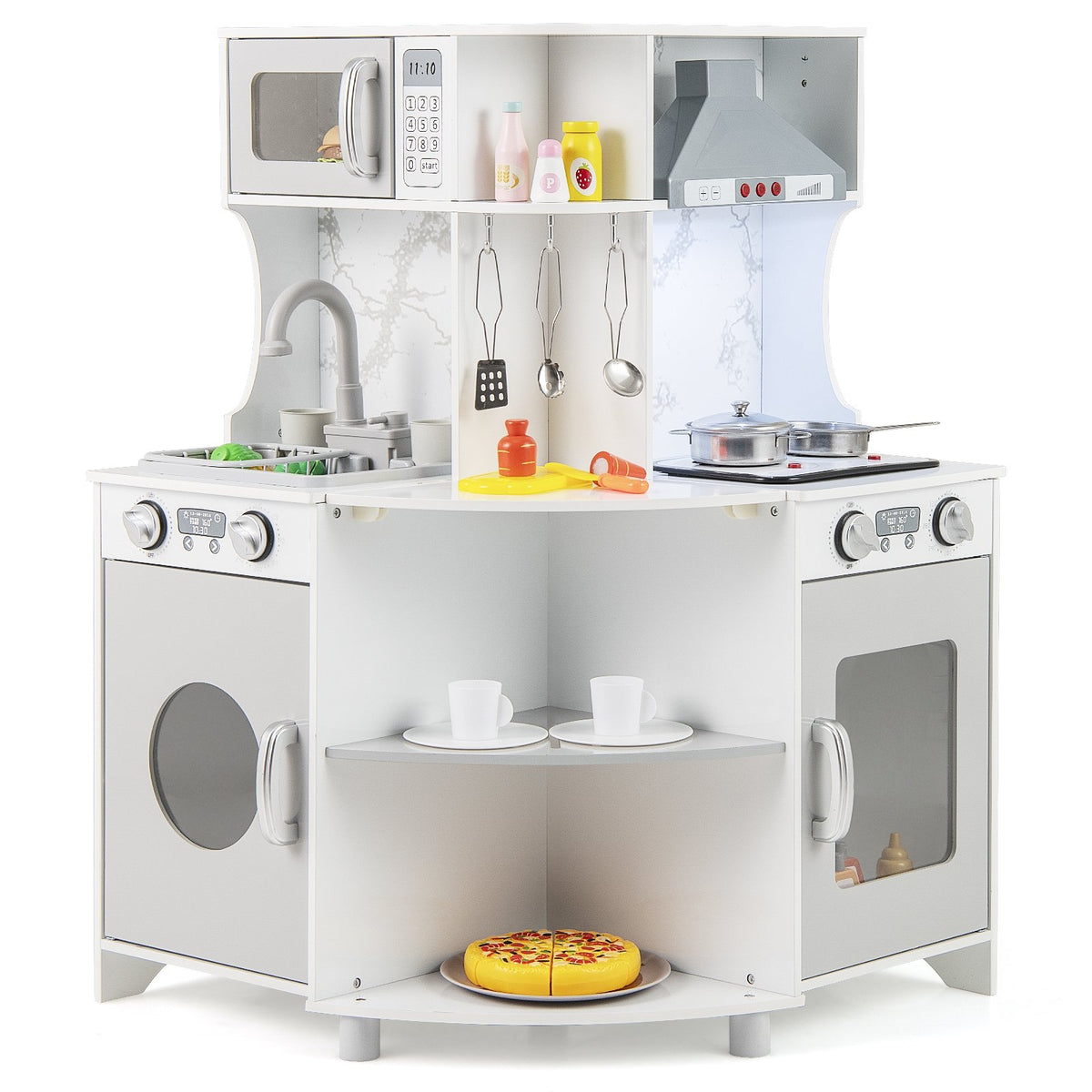 Kids Corner Wooden Play Kitchen with Range Hood and Stoves-Gray