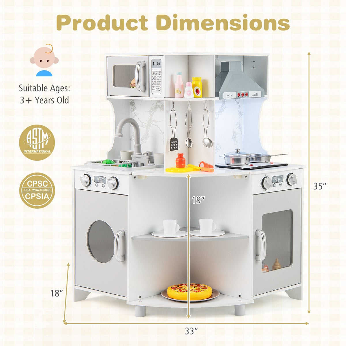 Kids Corner Wooden Play Kitchen with Range Hood and Stoves-Gray view 3