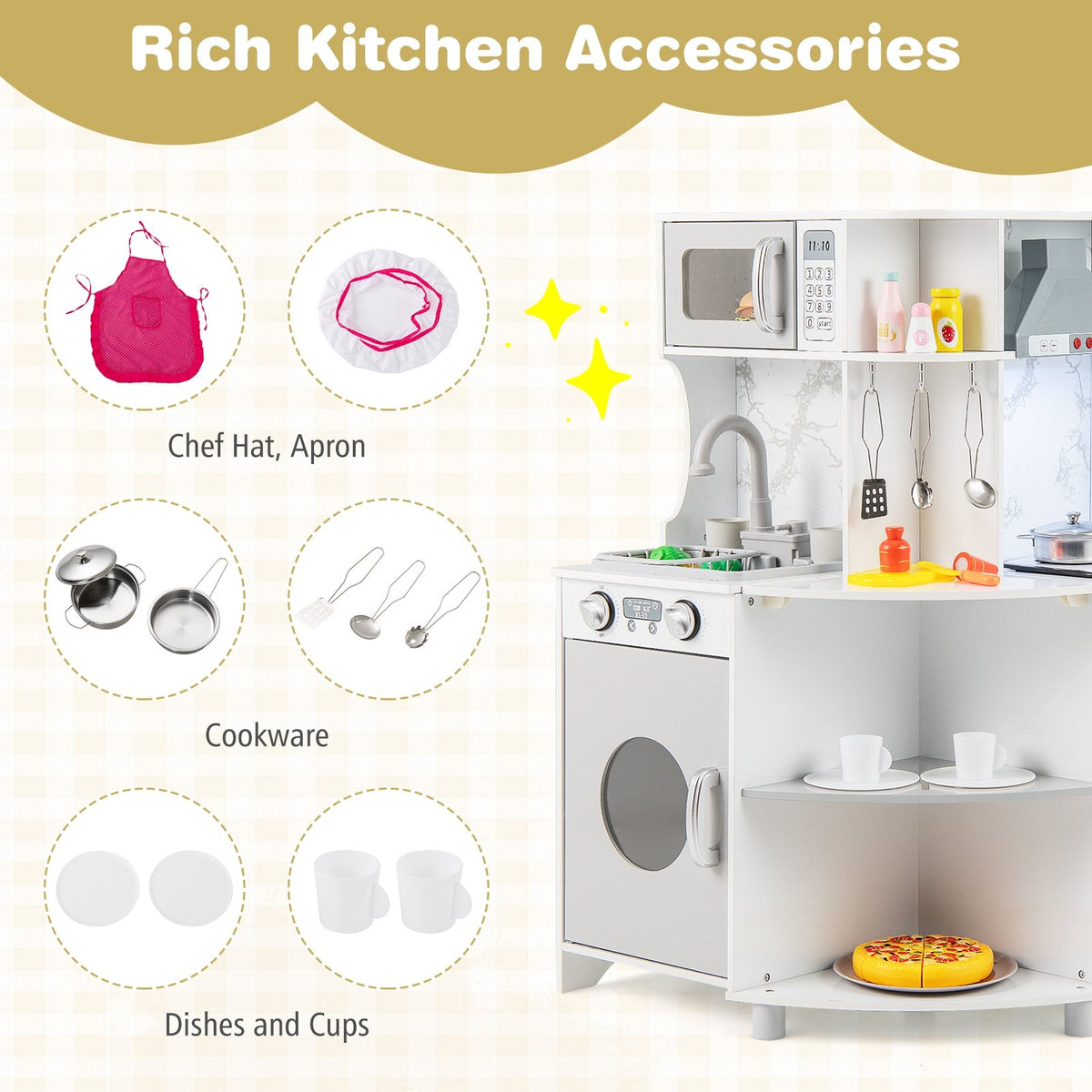 Kids Corner Wooden Play Kitchen with Range Hood and Stoves-Gray view 7