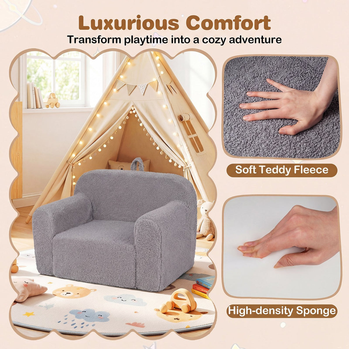 Kids Couch Portable Toddler Sofa with Anti-slip Base-Gray view 5
