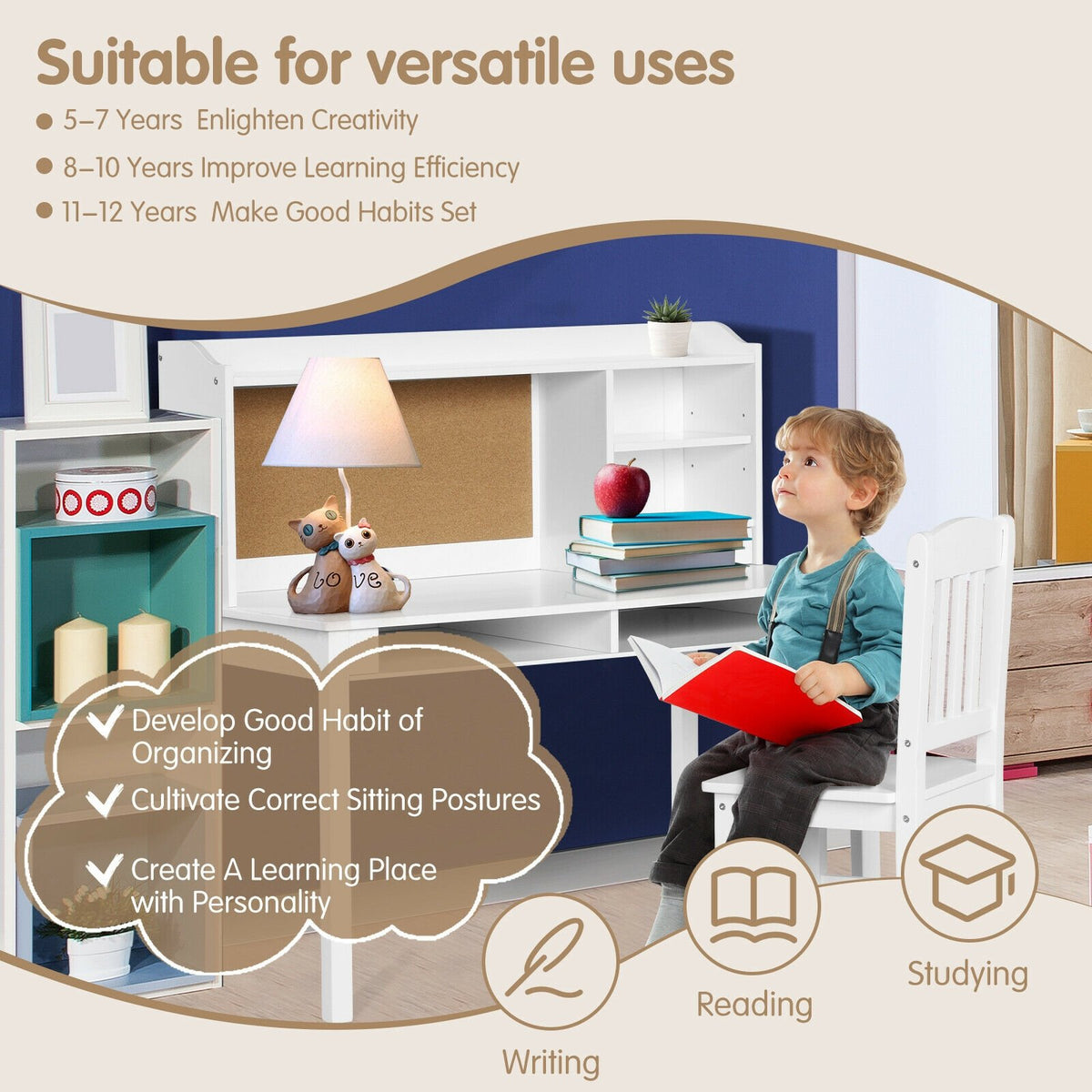 Kids Desk and Chair Set Study Writing Desk with Hutch and Bookshelves-White view 3