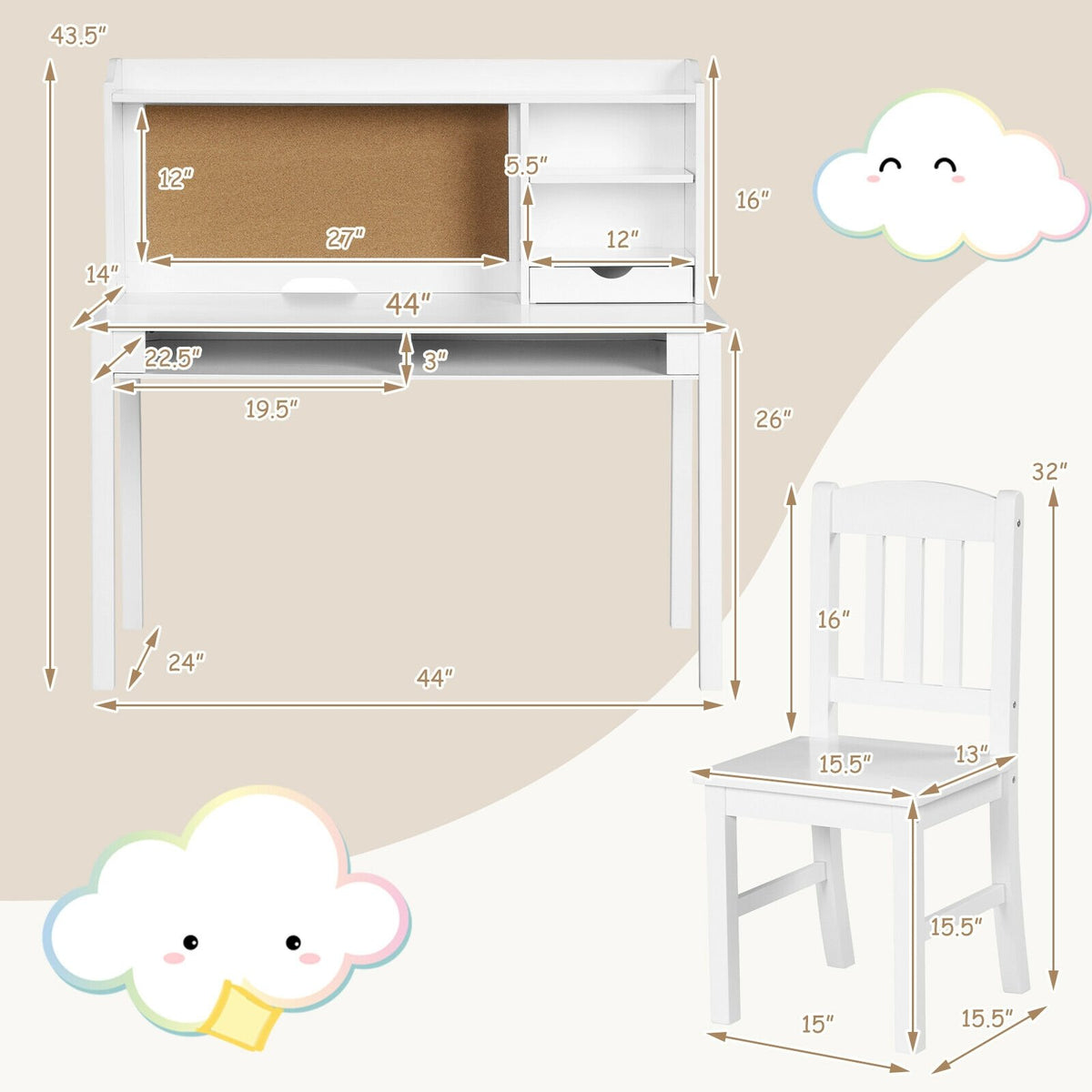 Kids Desk and Chair Set Study Writing Desk with Hutch and Bookshelves-White view 4