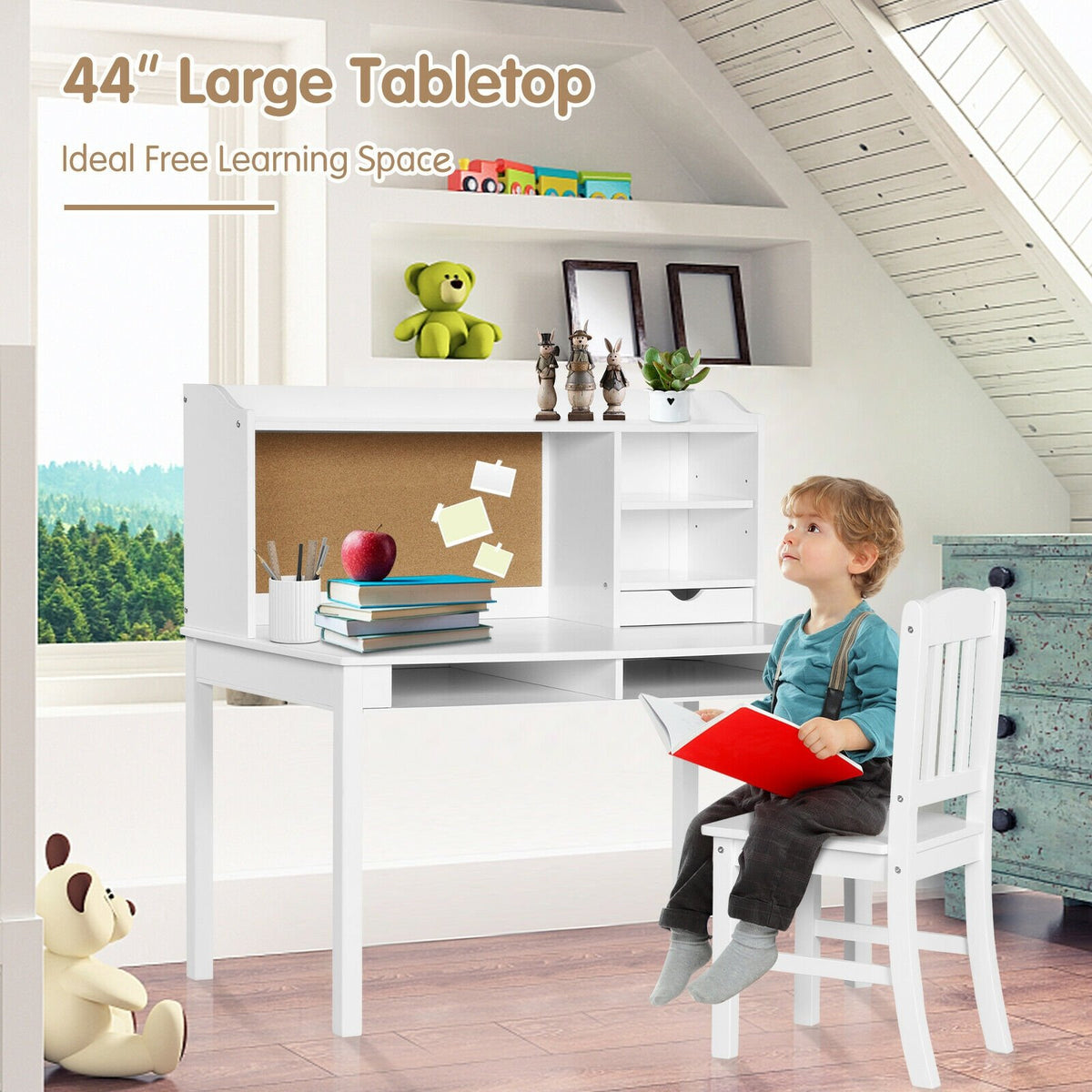 Kids Desk and Chair Set Study Writing Desk with Hutch and Bookshelves-White view 5