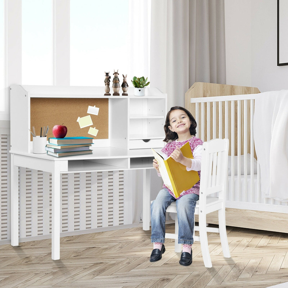 Kids Desk and Chair Set Study Writing Desk with Hutch and Bookshelves-White view 6