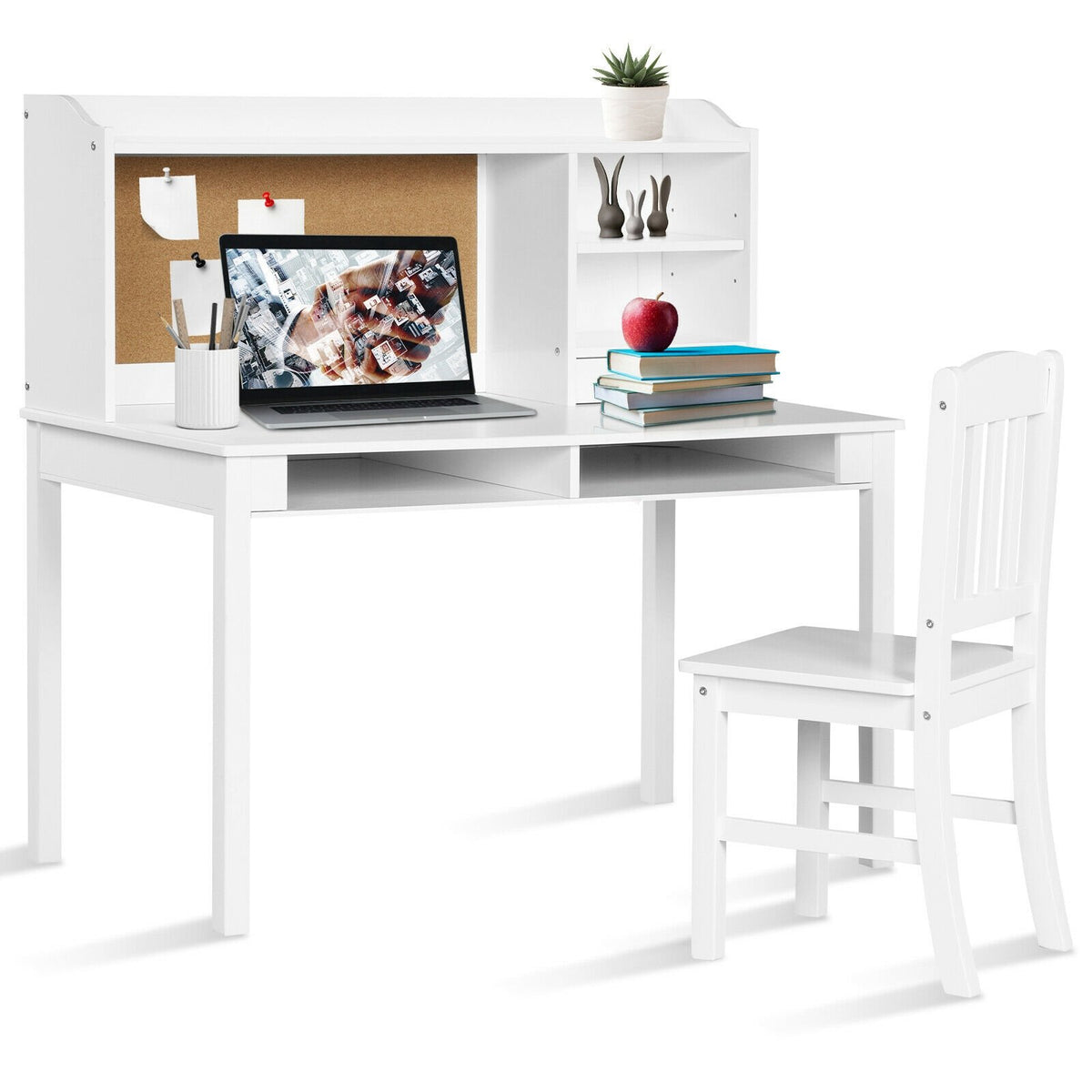 Kids Desk and Chair Set Study Writing Desk with Hutch and Bookshelves-White view 8