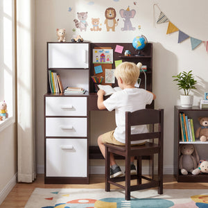 Kids Desk and Chair Set with Bulletin Board and 3 Drawers 2 Storage Cabinets-Rustic Brown view 2