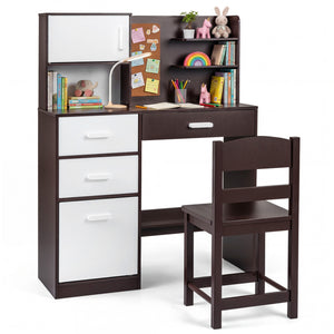 Kids Desk and Chair Set with Bulletin Board and 3 Drawers 2 Storage Cabinets-Rustic Brown view 4