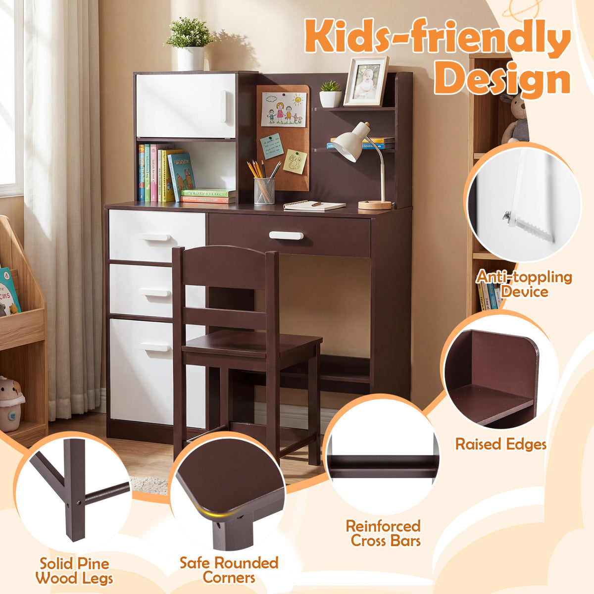 Kids Desk and Chair Set with Bulletin Board and 3 Drawers 2 Storage Cabinets-Rustic Brown view 7