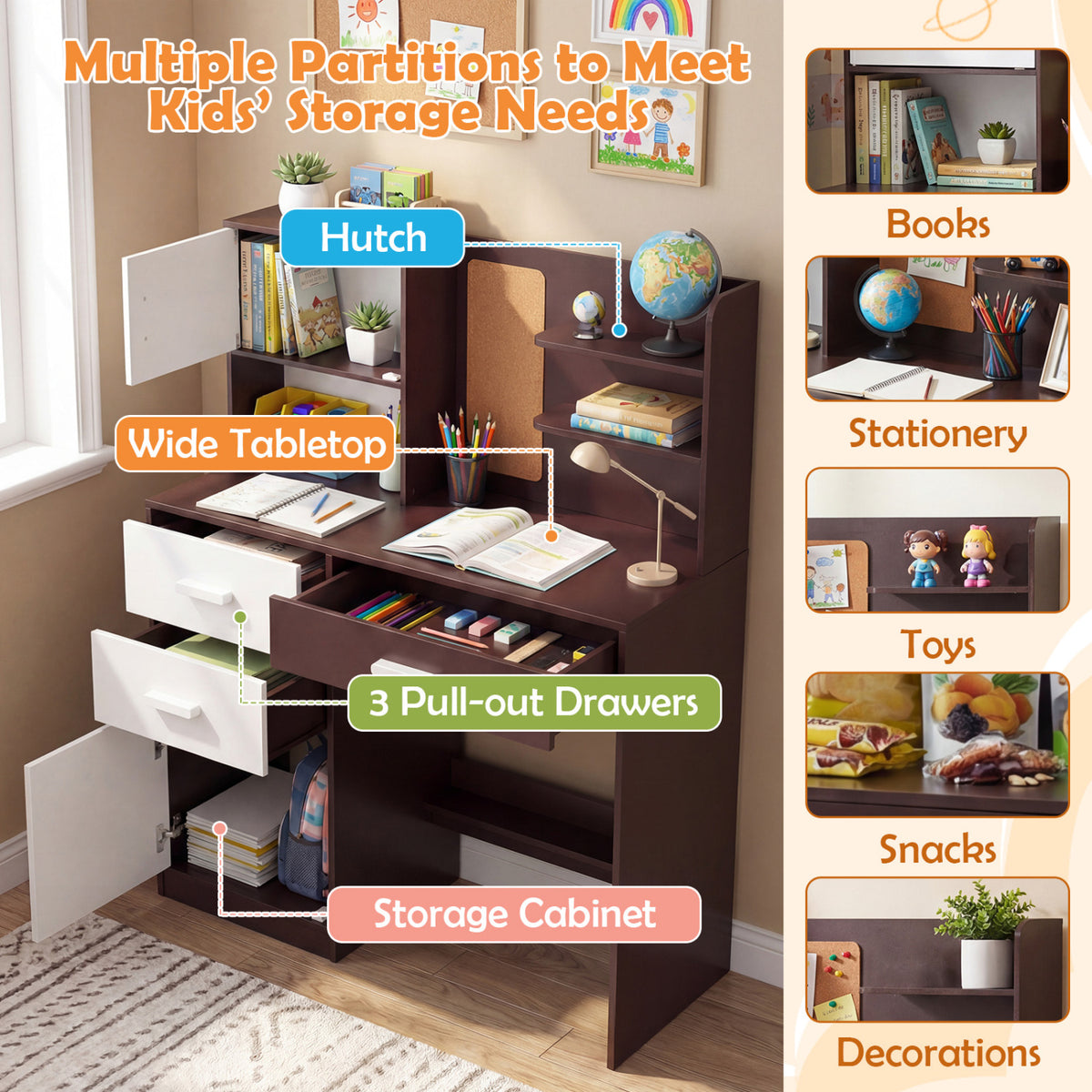 Kids Desk and Chair Set with Bulletin Board and 3 Drawers 2 Storage Cabinets-Rustic Brown view 8