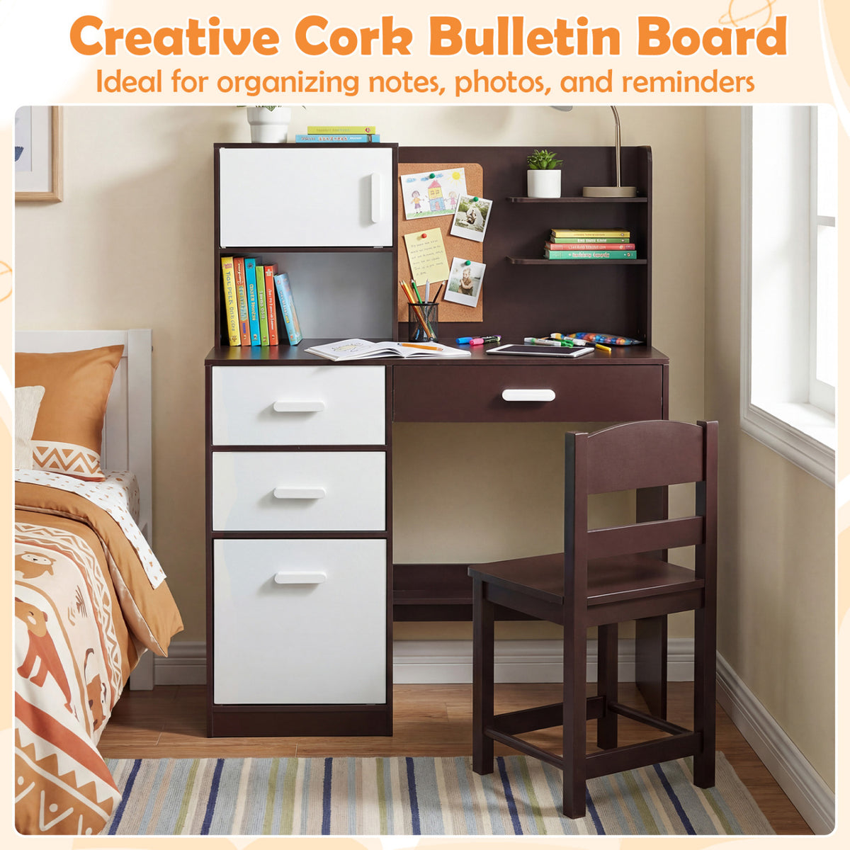 Kids Desk and Chair Set with Bulletin Board and 3 Drawers 2 Storage Cabinets-Rustic Brown view 9