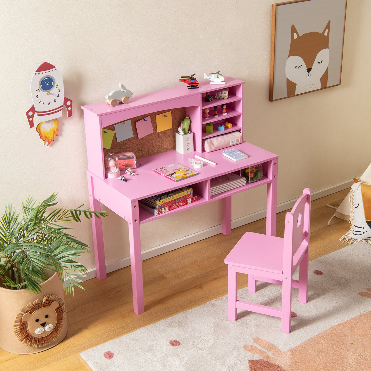 Kids Desk and Chair Set with Hutch and Bulletin Board for 3+ Kids-Pink view 2